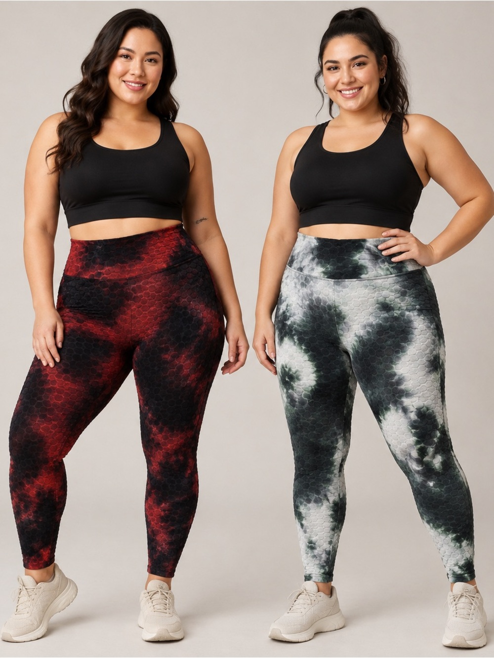 Woman’s 2Pc Scrunch BootyTie-Dye Textured Leggings - Red & Black. SzL/XL